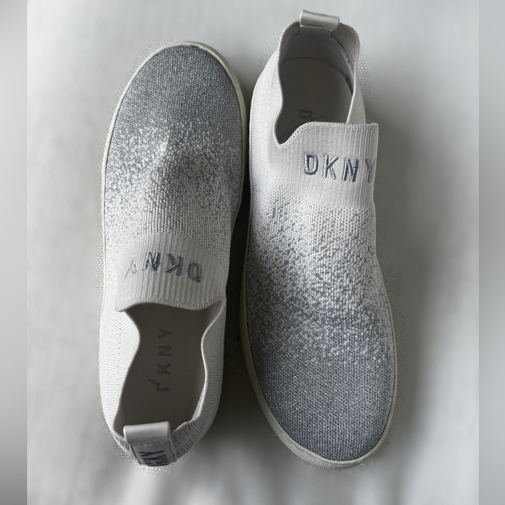 DKNY silver white sparkle knit slip on sneakers